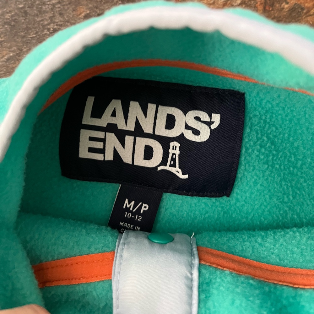 Women’s Lands’ End Heritage fleece pull over snap green striped jacket. Medium - Picture 7 of 16
